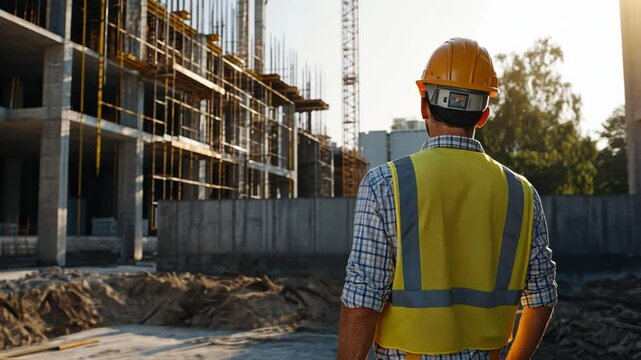 Construction Worker Observing Project Development at Building Site During Sunset with Equipment and Machinery in Background