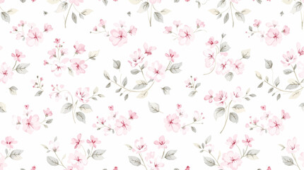 Watercolor seamless pattern pink small flowers on the white background
