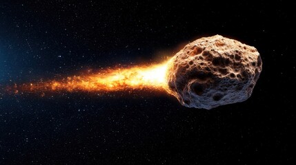 Fiery Asteroid Hurtles Through Inky Blackness of Space, Leaving a Trail of Incandescent Gas and Debris in Its Wake, Glowing with Cosmic Energy
