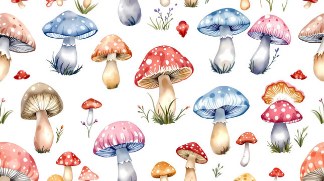 Watercolor pattern mushrooms white background
