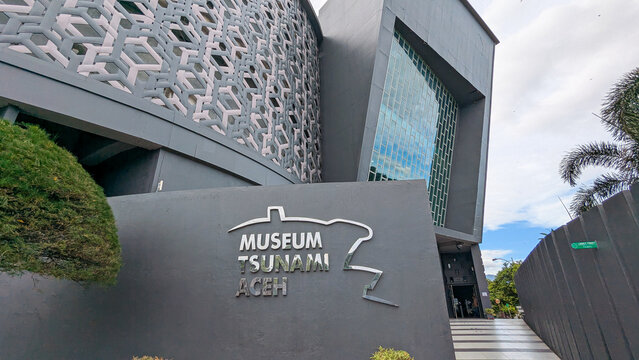 Museum Tsunami Aceh architecturally designed building and sign in Banda Aceh, Indonesia - taken on 1st Dec 2024