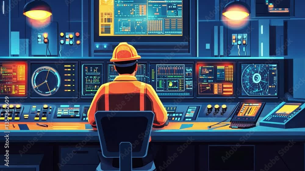 Poster control room operator analyzing data and metrics on multiple screens in a high-tech environment with