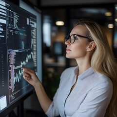 Fototapeta premium Woman analyzing data graphs on large monitor in modern office at night