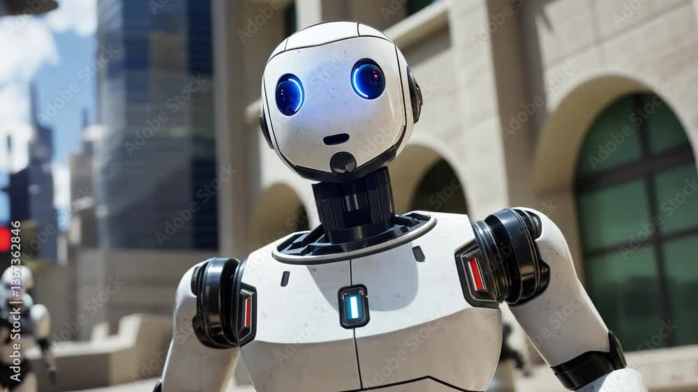 Poster futuristic humanoid robots in urban environment showcasing advanced technology and automation in a v
