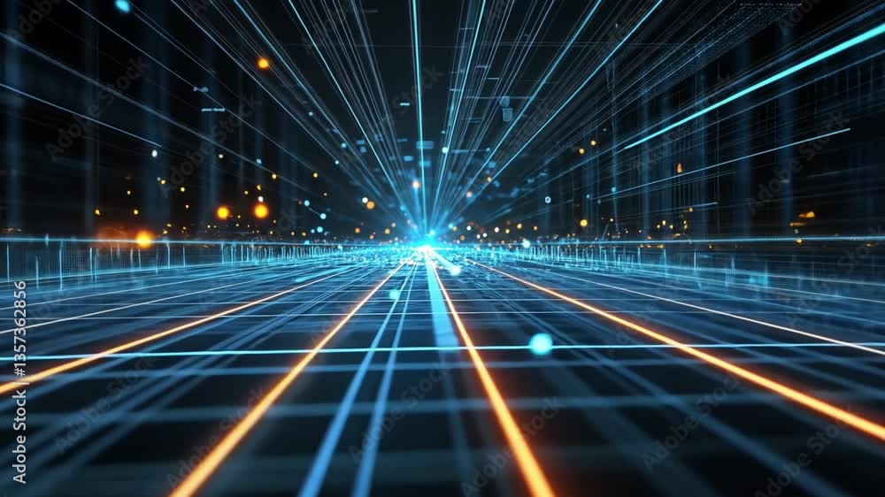 Poster abstract digital background with light lines and particles in futuristic cyber environment for techn