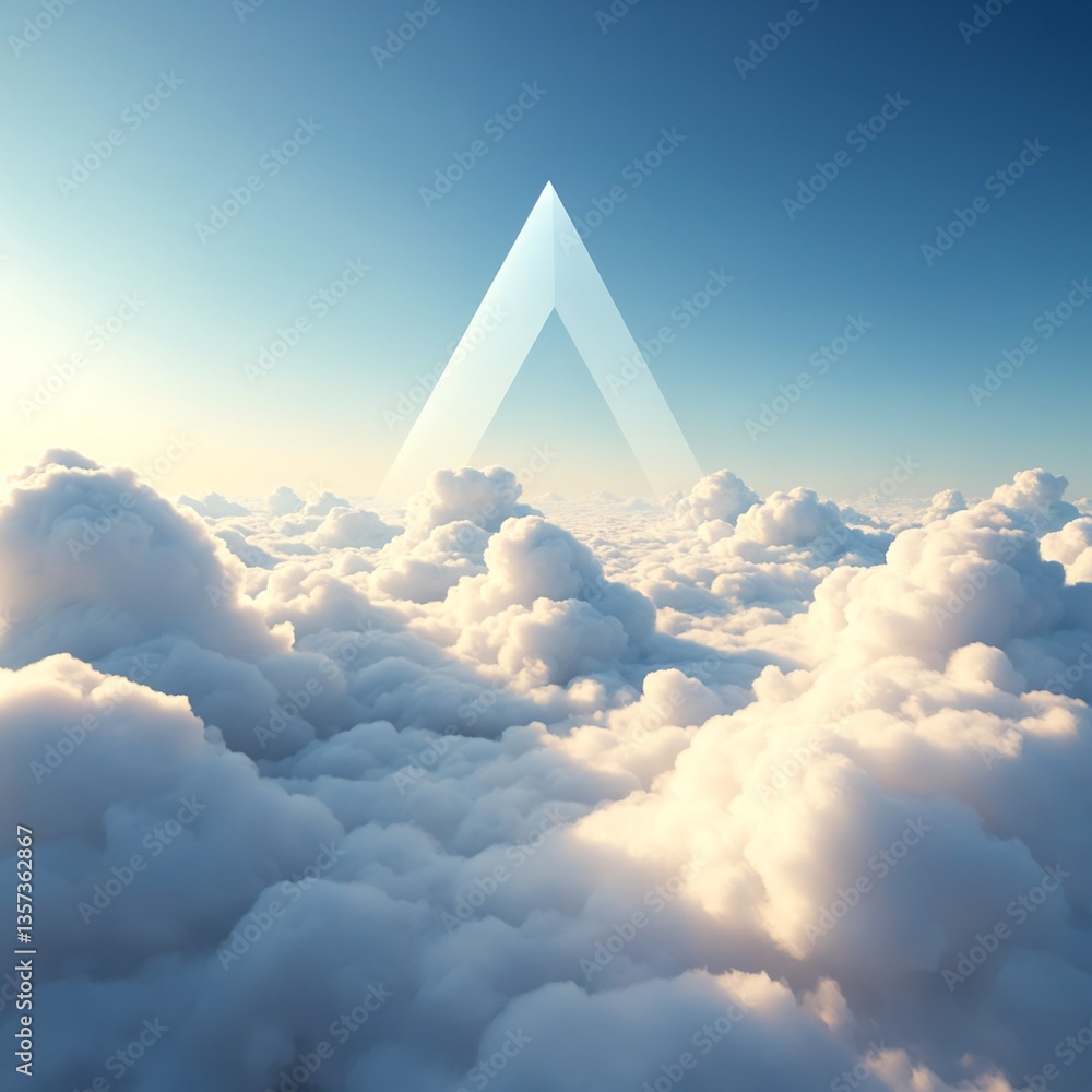 Poster surreal triangle shape floating amidst soft white clouds in a beautiful sky with light blue hues and