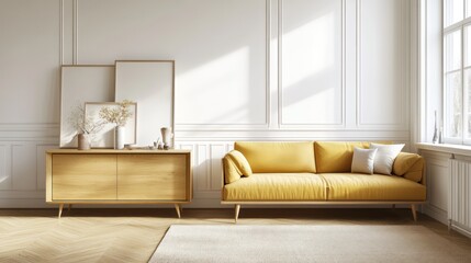 A minimalist living room with a muted yellow sofa and a medium oak wood sideboard