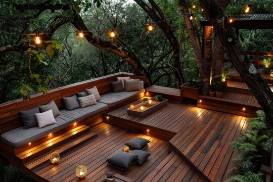 Multi-level wooden deck with built-in seating and planters, offering a functional and stylish outdoor space