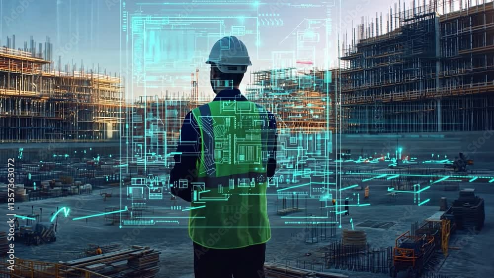 Poster construction site engineer observing digital blueprint projections while monitoring ongoing building