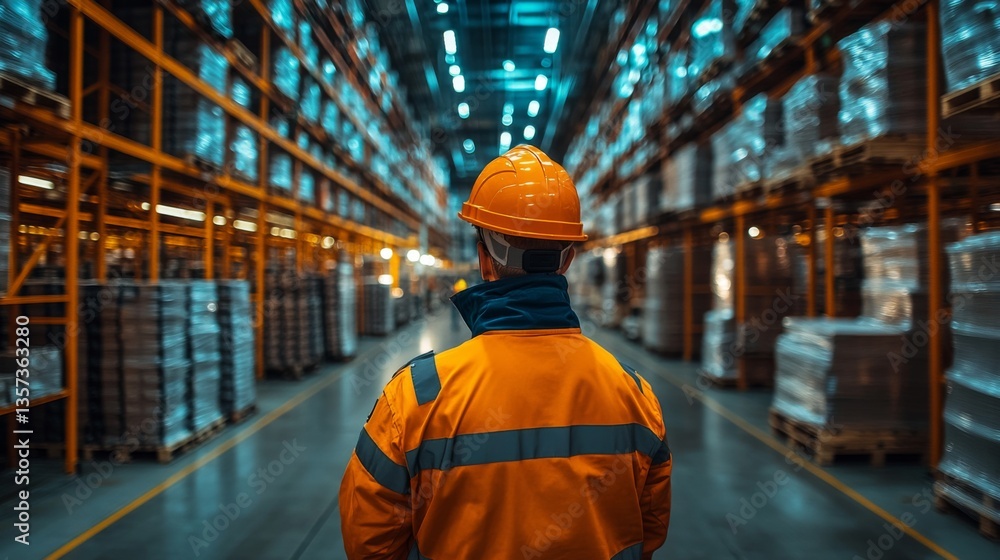 Poster Worker in safety gear monitors inventory in a large, well organized warehouse filled with shelves of stored cargo and freight. Focus on logistics and efficient distribution practices.