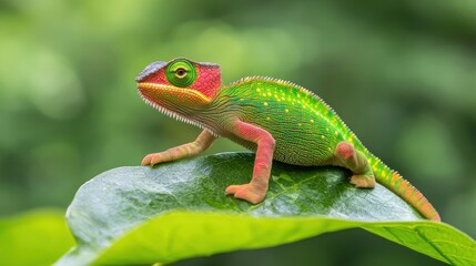 A vibrant green and red chameleon perched gracefully on a lush verdant leaf showcasing intricate details against a blurred green background scenery