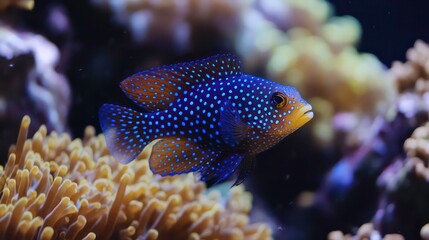 Obraz premium Colorful Blue Spotted Reef Fish Swimming in Vibrant Coral Environment