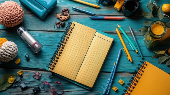 Creative workspace setup with notebooks, pencils, and charming desktop accessories