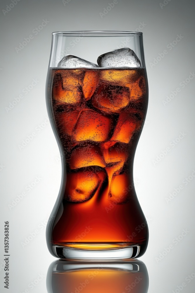 Poster refreshing cola beverage with ice cubes in a stylish glass against a gradient background creating a 