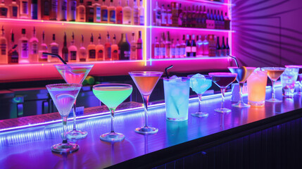 Neon bar setup with futuristic glowing cocktail glasses
