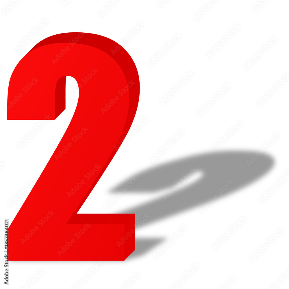 Poster glossy red number two with sharp shadow, rendered digitally against transparent background, highligh