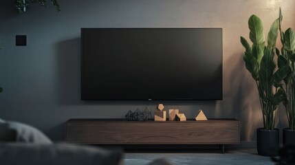 A minimalist living room with a large black flat-screen TV on a charcoal gray wall