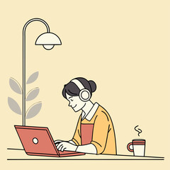 working on a laptop from home. girl with headphones