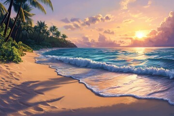 Fototapeta premium Serene sunset embrace on a tropical beach with gentle waves and palm trees silhouetted against a vibrant sky.