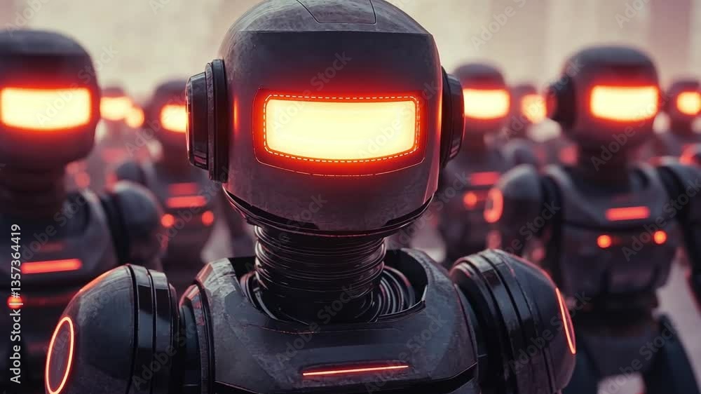 Poster futuristic army of humanoid robots with glowing eyes, standing in formation against a misty backgrou