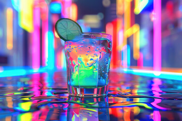 Neon cocktail with color-changing liquid, futuristic nightclub scene