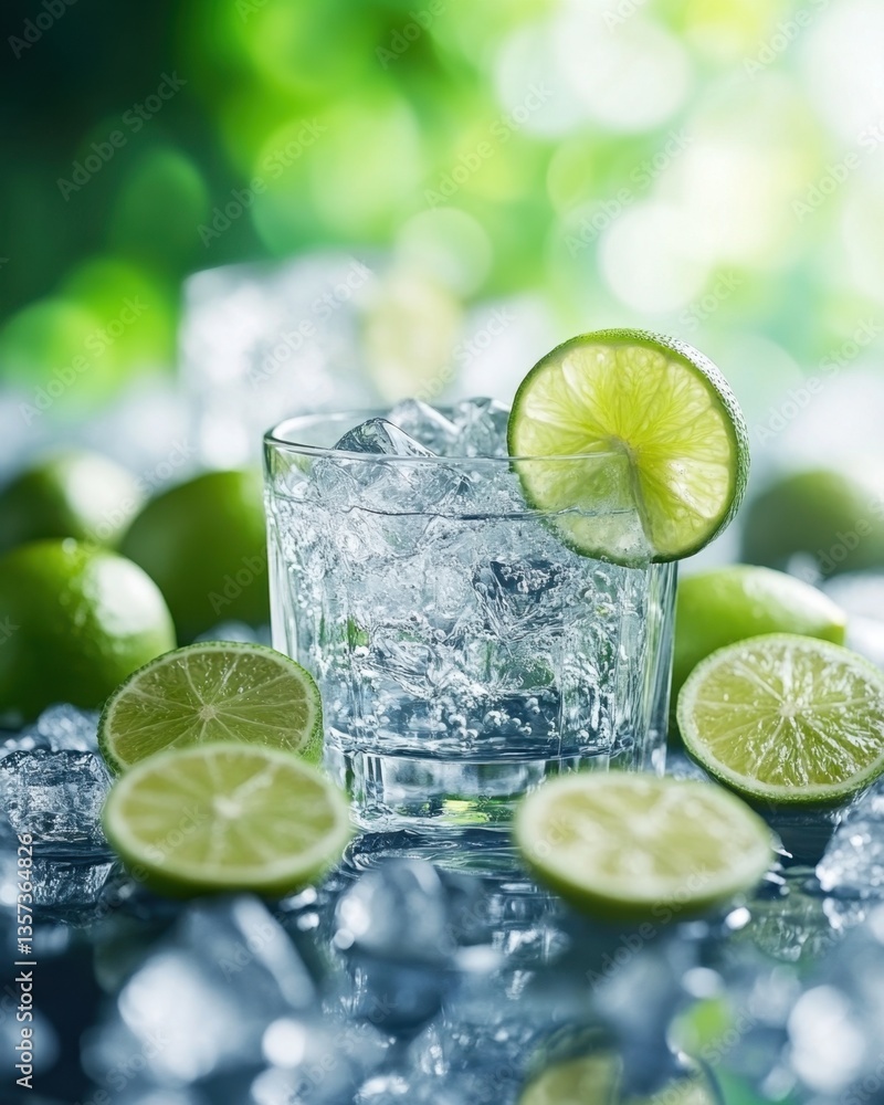 Poster refreshing lime infused sparkling water with ice cubes in a glass on a reflective surface with a bri