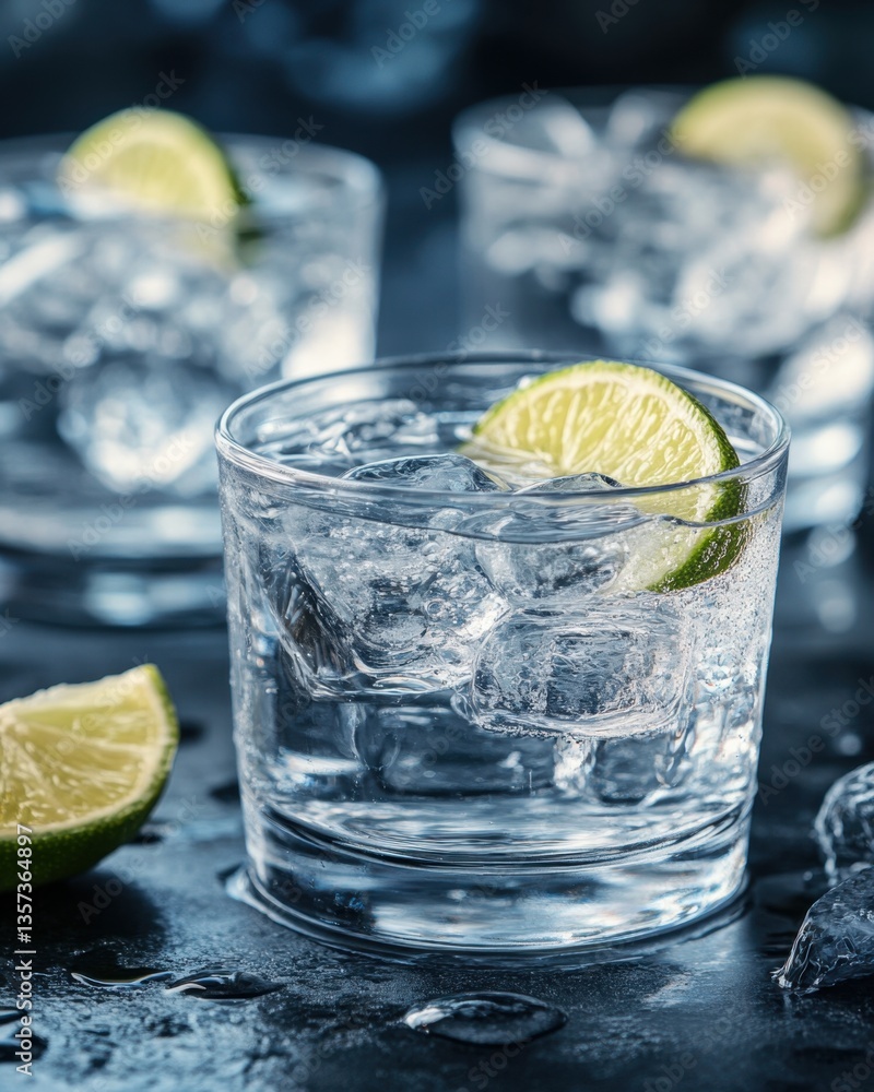 Poster refreshing gin and tonic with lime and ice cubes on dark surface in a cool and inviting atmosphere s