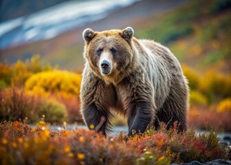 Fototapeta premium Grizzly Bear in Wild Habitat: Documentary Style Stock Photo
