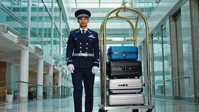 Hotel bellboy pushing the luggage cart.