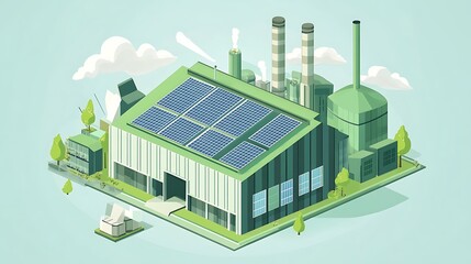 A colorful illustration of a renewable energy facility with solar panels, wind turbines, and industrial buildings under a blue sky