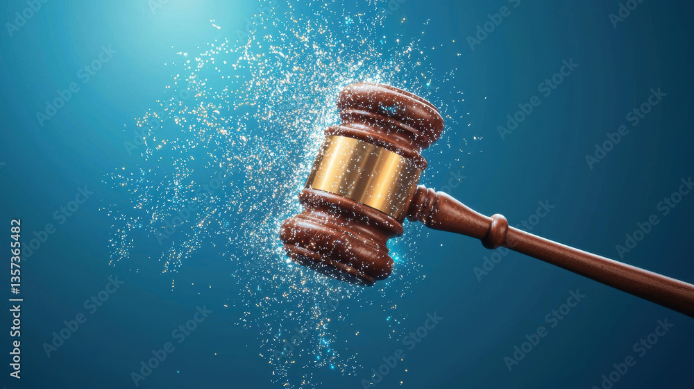 Poster gavel is striking with burst of sparkling particles, symbolizing justice and authority in dynamic wa