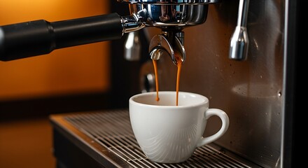 Close-up of Americano pouring from the coffee machine into a cup. Professional coffee brewing black coffee
