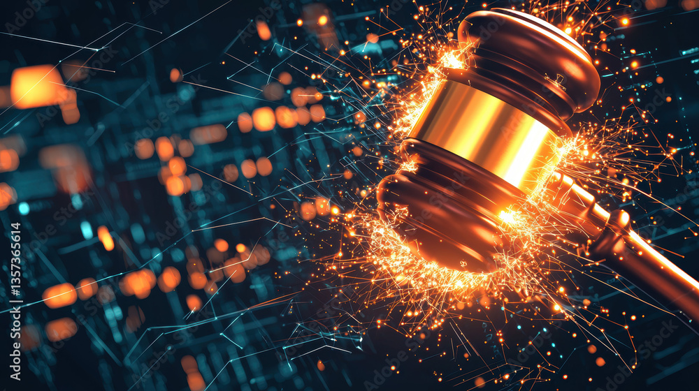Poster dynamic image of gavel surrounded by sparks and digital elements, symbolizing justice and technology