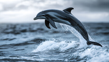 Obraz premium Playful Dolphin Leaping From Water. A black Lagernohynchus ob dolphin leaping energetically out of the ocean, showcasing its agility and grace in mid-air