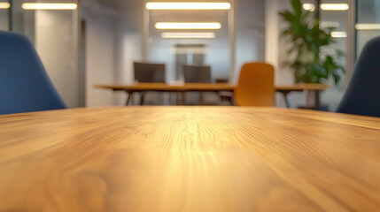 warm and inviting office interior featuring wooden table, with blurred chairs and plant background, creating cozy atmosphere