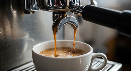 Close-up of Americano pouring from the coffee machine into a cup. Professional coffee brewing black coffee