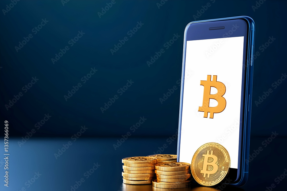 Poster a smartphone displaying a bitcoin symbol with shiny coins, representing cryptocurrency and digital f
