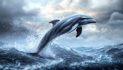 Fototapeta premium Playful Dolphin Leaping From Water. A black Lagernohynchus ob dolphin leaping energetically out of the ocean, showcasing its agility and grace in mid-air