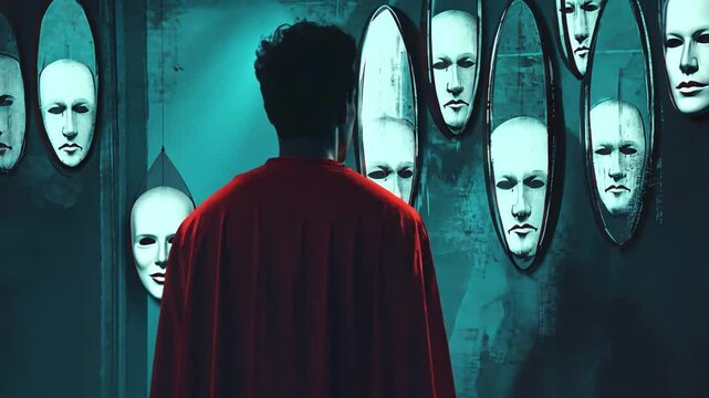 A Solitary Figure Contemplating Reflective Faces on Wall in Abstract Conceptual Art Style