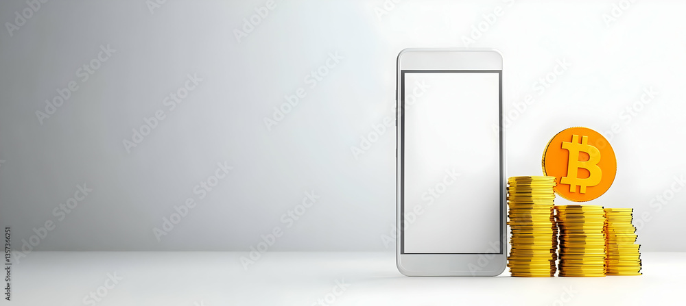 Poster a smartphone with a blank screen alongside stacks of bitcoin coins on a minimalist background, repre