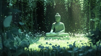 Buddha statue in lush forest glade, serene scene, digital art, inspirational, wallpaper