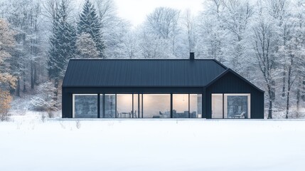A minimalist, modern house with a black metal gable roof and expansive glass windows, set in a snowy winter landscape
