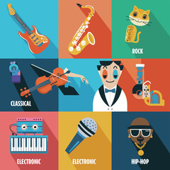 Naklejka premium 2d vector illustration icon cool entertainment cartoon character music tools (Drum , Music Note , Headphones ,Microphone , Piano , Guitar ,Record) 