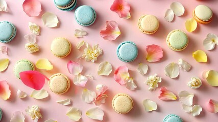 Flat lay of delicate pastel macarons with scattered petals, French Spring Festival.