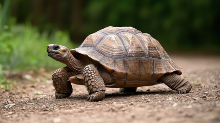 A large brown tortoise with a high-domed slowly walks across a dirt path against a blurred background of lush green foliage in the wild