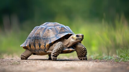 Obraz premium A large radiata tortoise leisurely walks across a dirt path amidst a blurred background of lush green grass and vivid natural scenery around it.
