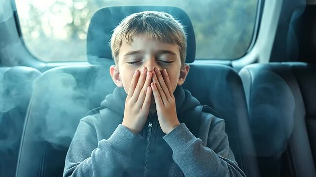 A boy sits in the back seat of a car, pressing his hands against his nose and mouth while smoke from the front seat drifts toward him, emphasizing the risks of passive smoking in e