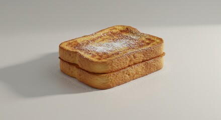 Two Slices of Golden Brown French Toast with Powdered Sugar on Beige Background