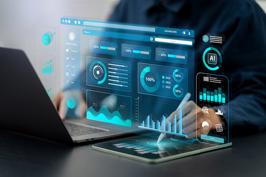 Businessman Analytics Data Dashboard: Key Performance Indicators Monitored by Analyst on Computer. Data System KPI and metrics connected in database for follow earnings, operations, sales data.