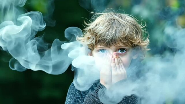 A school-aged child with wide, concerned eyes shields their face from cigarette smoke drifting through a park, symbolizing the unintentional exposure in public places.